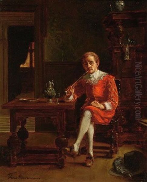 A 17th Century Interior With A Pipe Smoking Gentleman Oil Painting by Frans Moormans