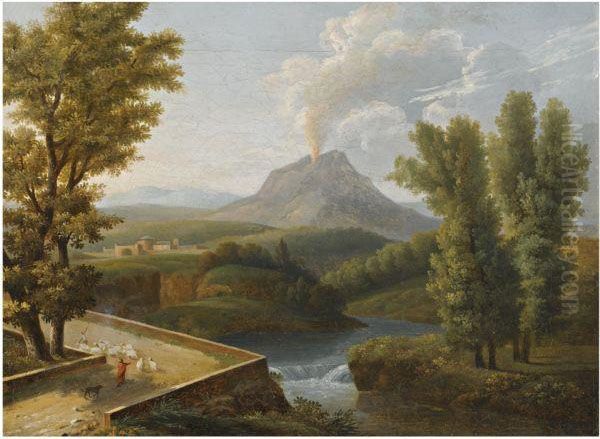 A Landscape With Figures Herding Their Sheep Along The Path WithMount Vesuvius Erupting In The Background Oil Painting by Jean-Joseph-Xavier Bidauld