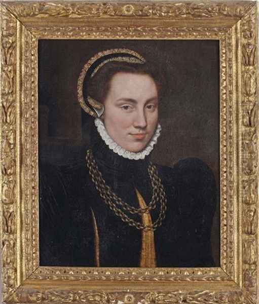 A Portrait Of Margaretha Of Parma (1522-1586), Bust-length, In A Black Brocade Dress With An Organza Ruff And An Elaborately Decorated Headdress Oil Painting by Antonis Mor Van Dashorst
