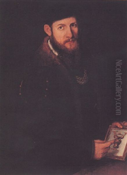 Portrait Of A Bearded Gentleman, Half Length, Wearing A Brown Coat With Fur Collar Oil Painting by Antonis Mor Van Dashorst