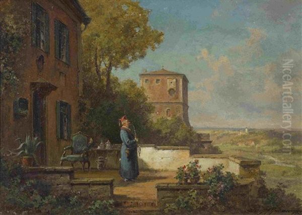 Pfeifenraucher Auf Der Terrasse Mit Blick Auf Ein Flusstal Oil Painting by Willy Moralt