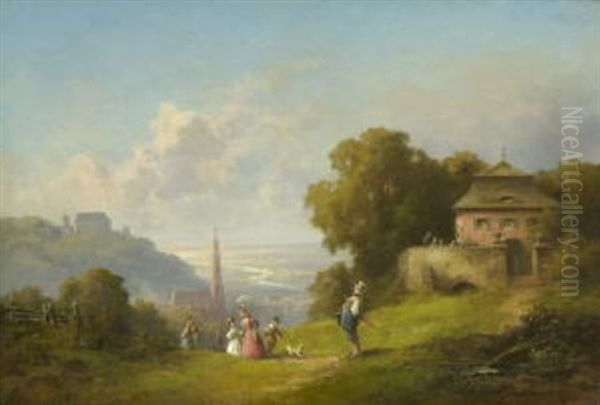 Sonntagsspaziergang Der Familie Biedermeier Uber Der Stadts Landshut Oil Painting by Willy Moralt