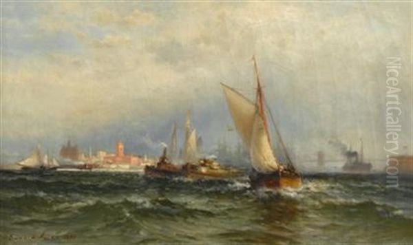 Steamships And Sailing Boats In New York Harbor Oil Painting by Edward Moran