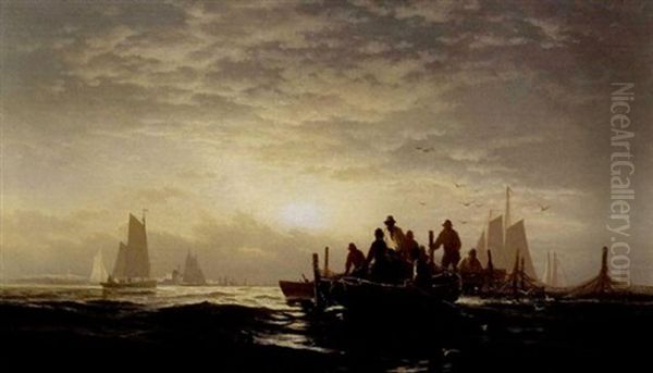 Lifting The Fish Pound, Orient Bay, Long Island, New York Oil Painting by Edward Moran