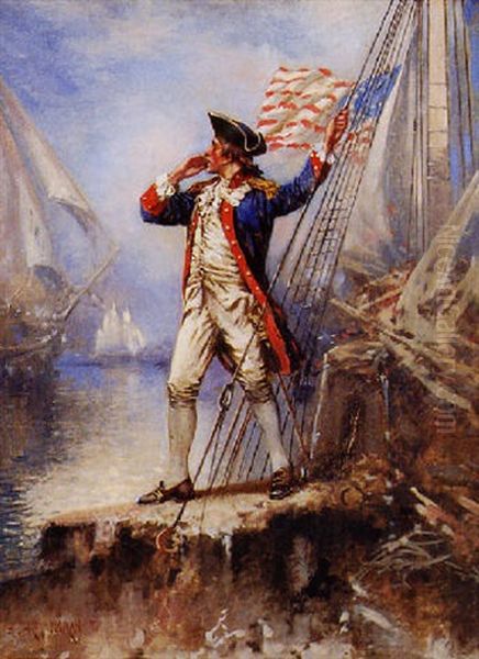 An American Colonial Naval Officer Shouting To Another Ship Oil Painting by Edward Percy Moran