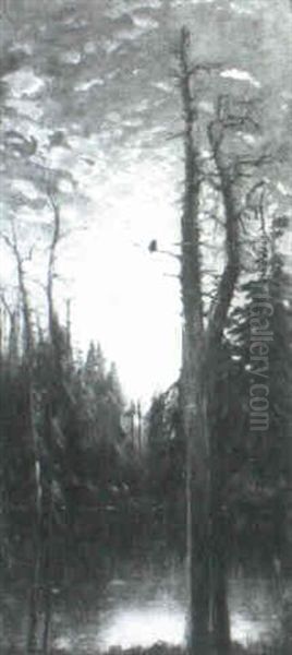 Hudson River With Owl In Sunset Lake Landscape Oil Painting by Leon John Moran