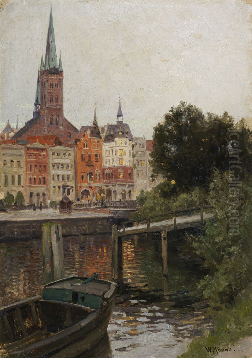 Blick Uber Die Trave Auf St. Petri In Lubeck Oil Painting by Walter Moras