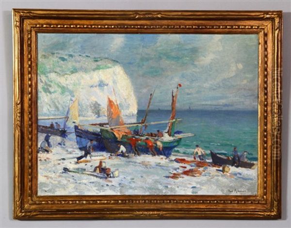 Fishermen With Boats On The Shore Oil Painting by Paul Morchain