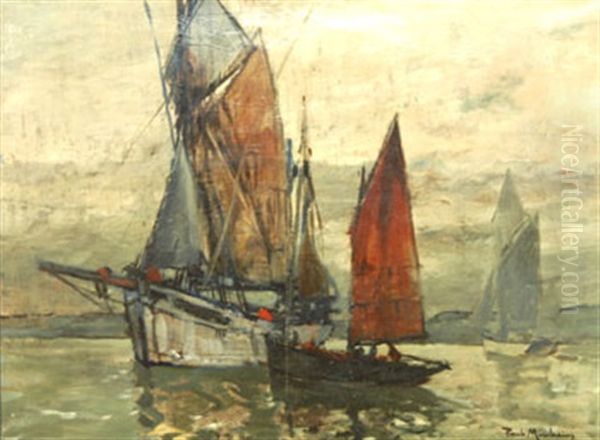 Thoniers Sous Voiles En Baie De Douarnenez Oil Painting by Paul Morchain