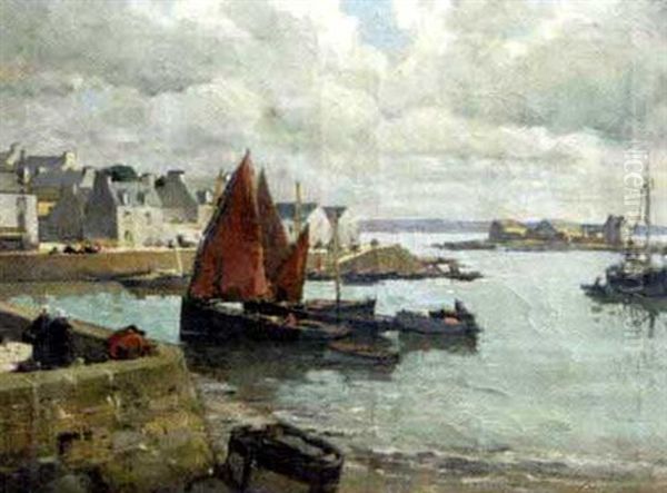 La Voile Rouge Au Port De Treboul Oil Painting by Paul Morchain