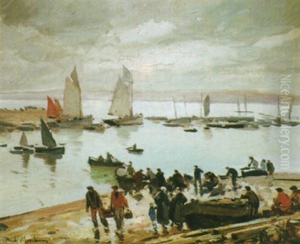 Sur La Cale - Thoniers Sous Voiles En Bretagne Oil Painting by Paul Morchain