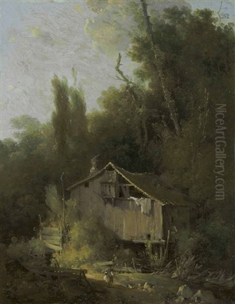 A Rustic Water Mill With Two Figures In A Landscape Oil Painting by Louis Gabriel Moreau