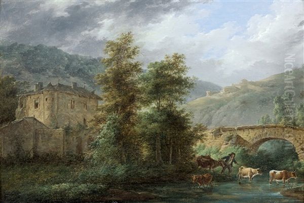 Berger Et Son Troupeau Aux Abords D'une Riviere Sous Un Pont Oil Painting by Louis Gabriel Moreau