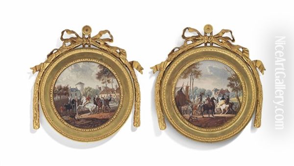 Two 18th Century Miniature Scenes: An Open-air Theatre Performance, And Figures On Horseback In A Village Oil Painting by Louis Gabriel Moreau