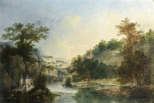 Chateau Fort En Bordure D'une Riviere Oil Painting by Louis Gabriel Moreau