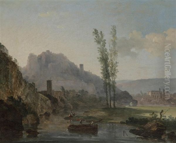 Bord De Riviere Avec Une Barque Oil Painting by Louis Gabriel Moreau