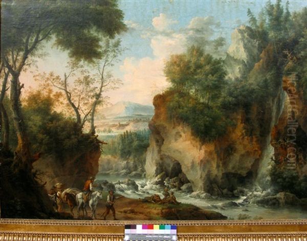 Paysage A La Riviere Au Milieu De Collines Et Rocheux Oil Painting by Louis Gabriel Moreau