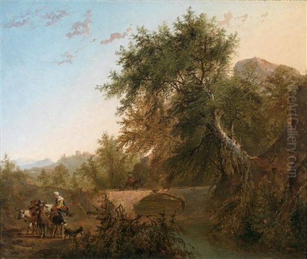 Abendliche Gebirgsladschaft Mit Einer Brucke Und Bauerlicher Staffage Oil Painting by Louis Gabriel Moreau