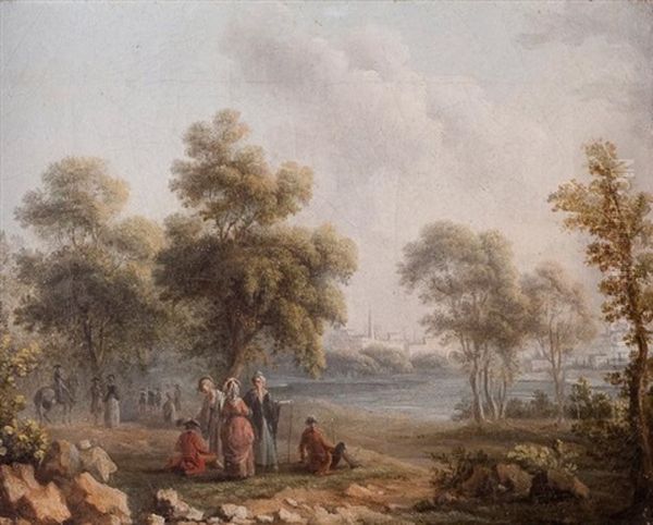 Personnages Pres D'un Fleuve Oil Painting by Louis Gabriel Moreau