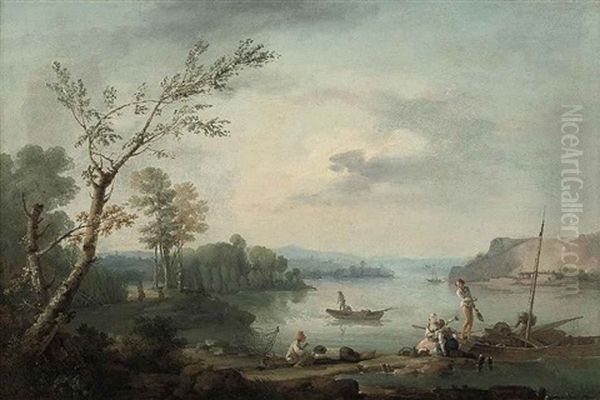 A Wooded River Landscape With Fisherfolk Oil Painting by Louis Gabriel Moreau