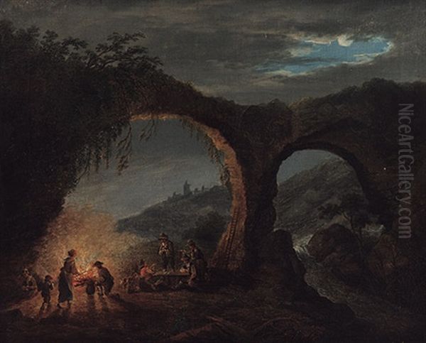 Abendstimmung Mit Rastenden Vor Grosem Feuer Unter Steinerner Bogenbrucke Mit Seitlichem Katarakt Oil Painting by Louis Gabriel Moreau