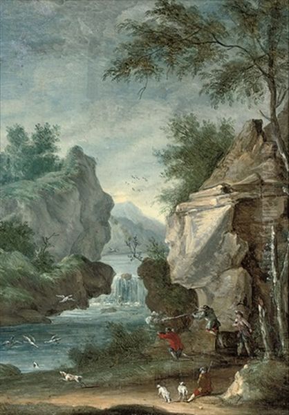 A Wooded River Landscape Oil Painting by Louis Gabriel Moreau