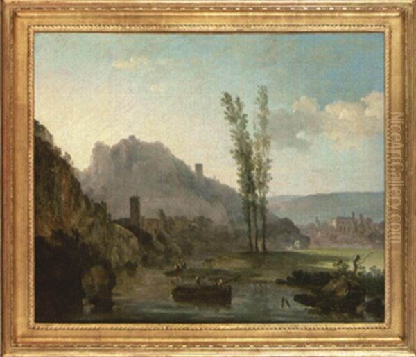 Bord De Riviere, Avec Une Barque Au Premier Plan Et Quelques Personnages Oil Painting by Louis Gabriel Moreau