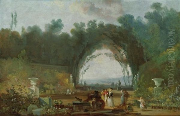 Vue D'une Terrasse, A Saint-cloud(?) Oil Painting by Louis Gabriel Moreau