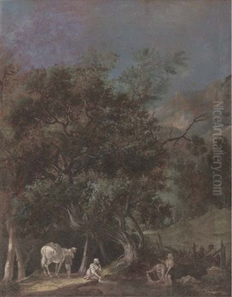 A Wooded Landscape With Washerwomen At A River Oil Painting by Louis Gabriel Moreau