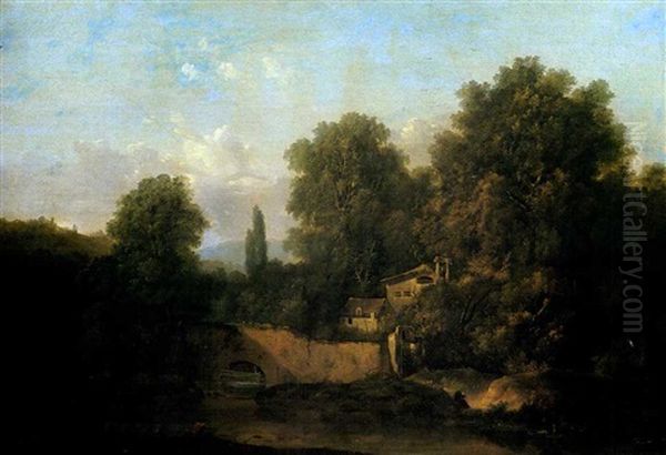 Paysage Fluvial Avec Une Ferme Pres D'un Pont Oil Painting by Louis Gabriel Moreau