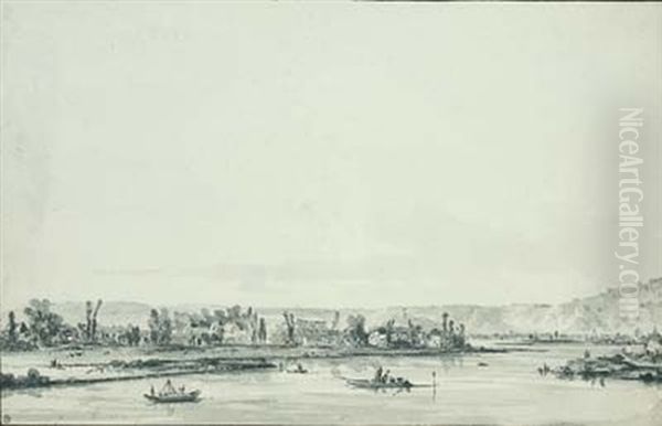 Village Au Bord De La Seine Oil Painting by Louis Gabriel Moreau