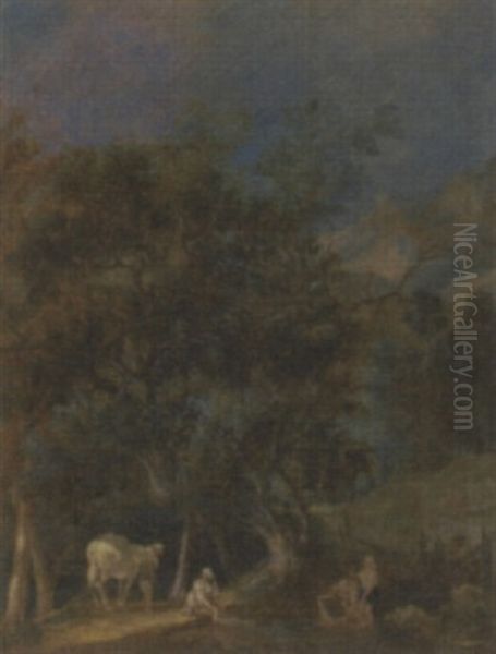 A Wooded Landscape With Washerwomen At A River Oil Painting by Louis Gabriel Moreau