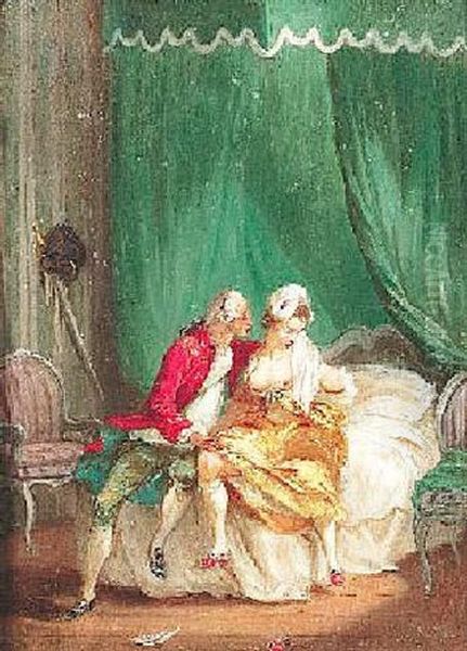 Dame, Kavalier Und Magd Im Boudoir Oil Painting by Louis Gabriel Moreau