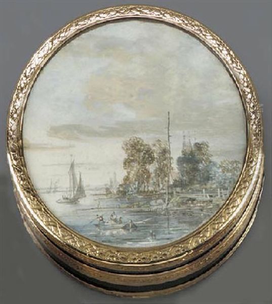 A Riverside Landscape With A Fishing Boat And Sailing Vessels Oil Painting by Louis Gabriel Moreau