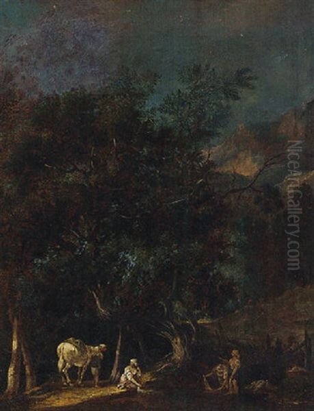 A Wooded Landscape With Washerwomen And A Traveller In A Clearing Oil Painting by Louis Gabriel Moreau