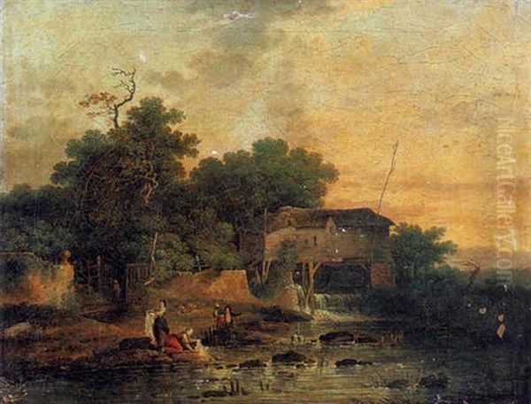 Paysage De Riviere Avec Un Moulin A Eau Et Des Lavandieres Oil Painting by Louis Gabriel Moreau