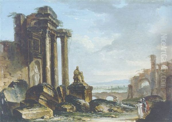 Classical Ruins With Figures Conversing In The Foreground Oil Painting by Louis Gabriel Moreau