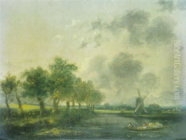 Paysage Fluvial Avec Berger Et Troupeau Sur Un Bac Oil Painting by Louis Gabriel Moreau