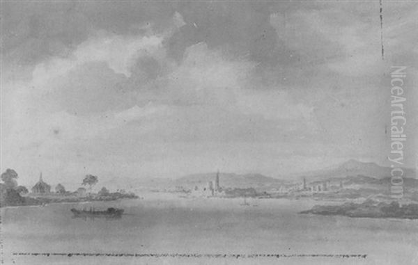 An Extensive River Landscape On The Rhone Oil Painting by Louis Gabriel Moreau