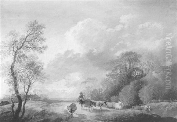 An Extensive Landscape With A Herdsman And Cows On A Road Oil Painting by Louis Gabriel Moreau