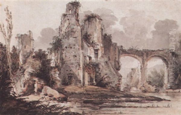A View Of Ruins By A River Oil Painting by Louis Gabriel Moreau