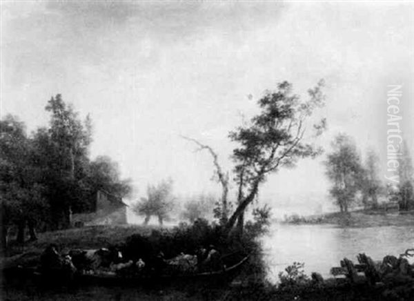 Peasants And Cattle In A Ferry Oil Painting by Louis Gabriel Moreau