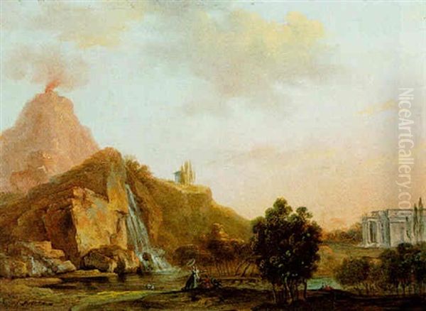 Classical Landscape With Elegant Figures By A Waterfall, A Villa And A Volcano In The Background Oil Painting by Louis Gabriel Moreau