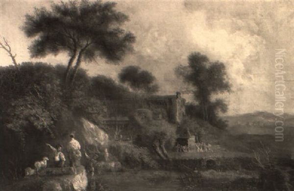 An Extensive Landscape With Shepherds Watering Cattle And Sheep In A River Oil Painting by Louis Gabriel Moreau