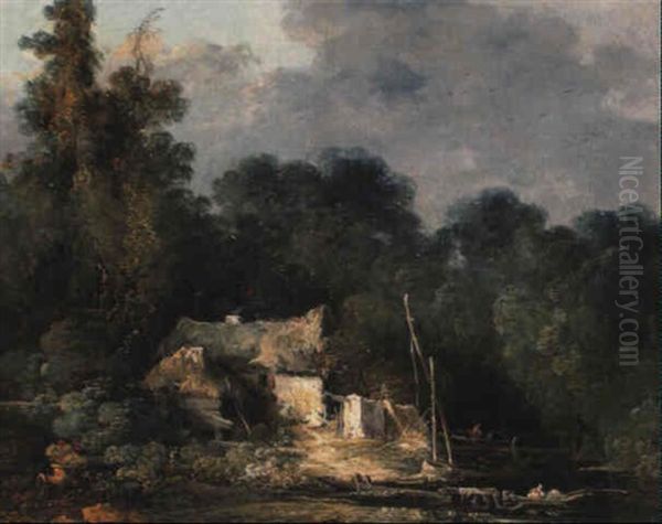 A Wooded Landscape With A Cottage By A River Oil Painting by Louis Gabriel Moreau