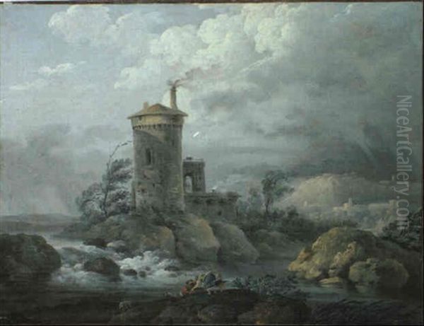 Paesaggio Fluviale Con Castello Oil Painting by Louis Gabriel Moreau