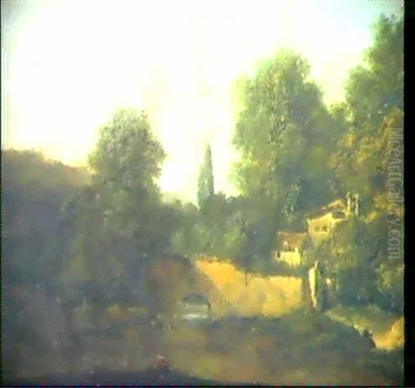 Paysage Avec Un Pecheur Au Bord                             D'une Riviere Oil Painting by Louis Gabriel Moreau