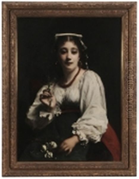 A Seated Italian Beauty Holding Flowers Oil Painting by Etienne Moreau-Nelaton