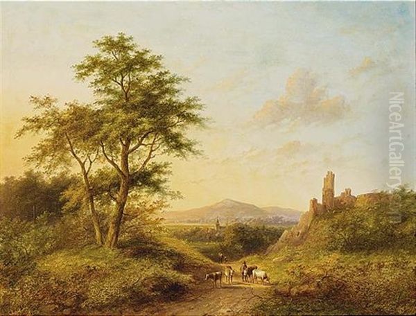 Figures And Cattle In A Panoramic Landscape Oil Painting by Jan Evert Morel the Younger