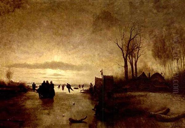 A Winter Landscape With Skaters Near A 'koek En Zopie' Oil Painting by Jan Evert Morel the Younger